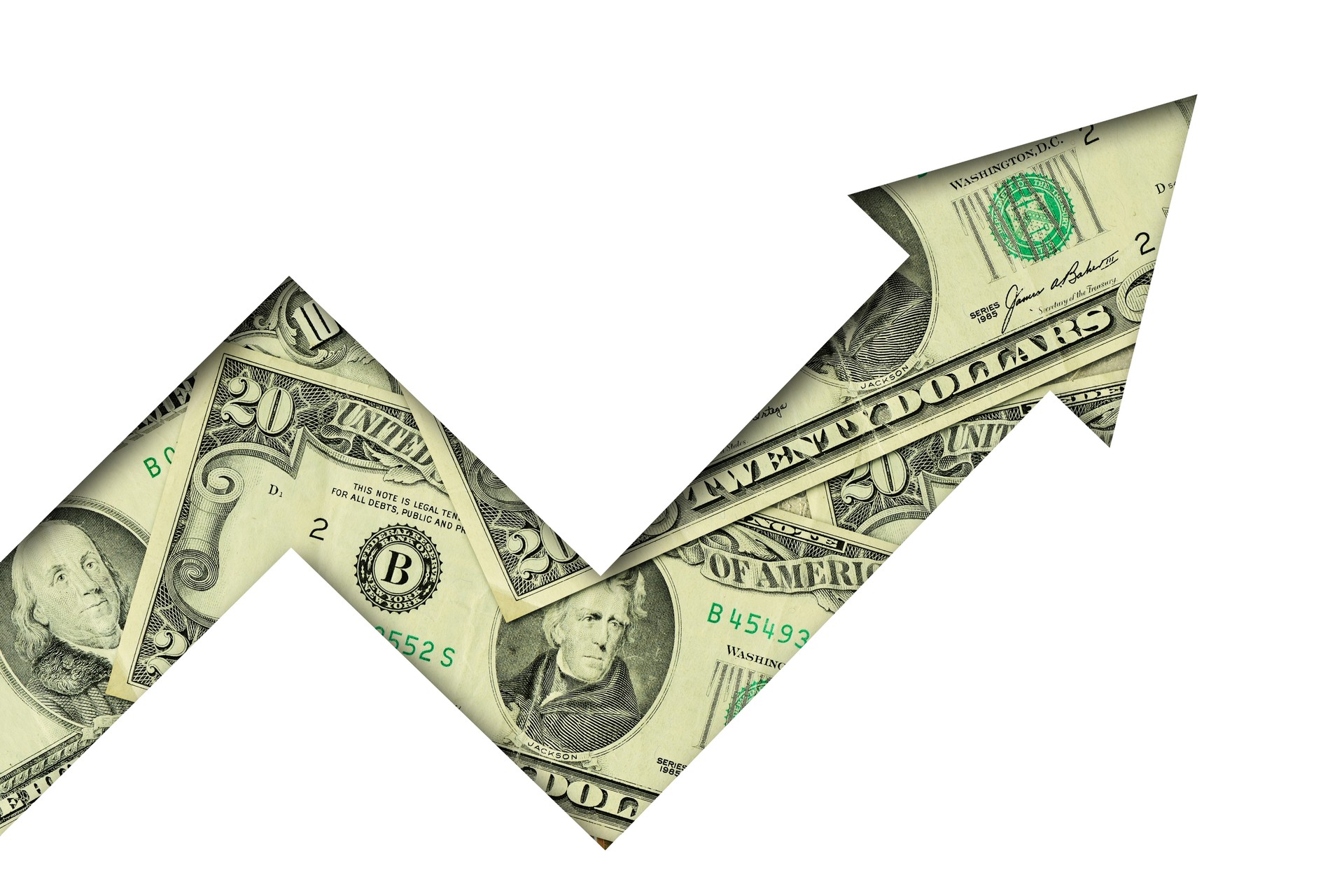 Upward arrow made of dollar banknotes on white background - Concept of growing and upward trend of dollar currency